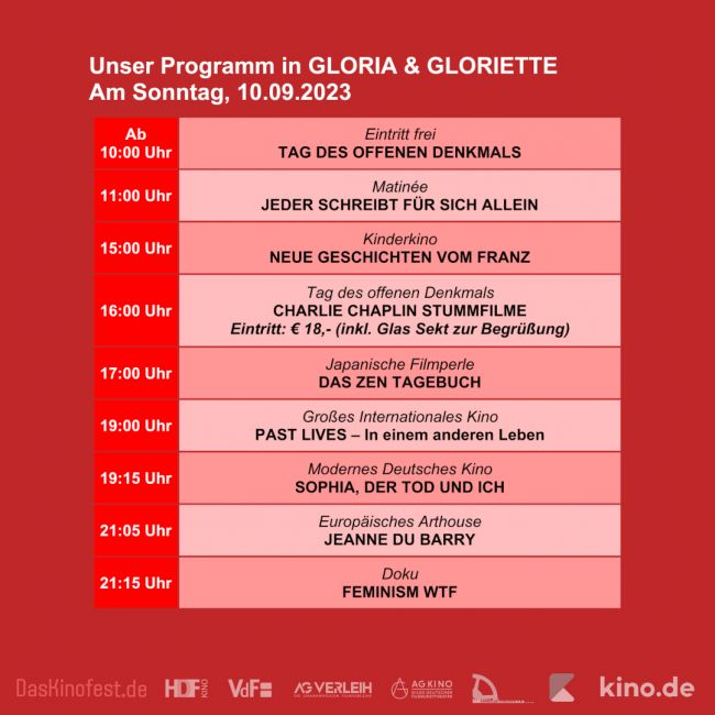 Kinofest Programm Gloria & Gloriette - Sonntag, 10.09.
